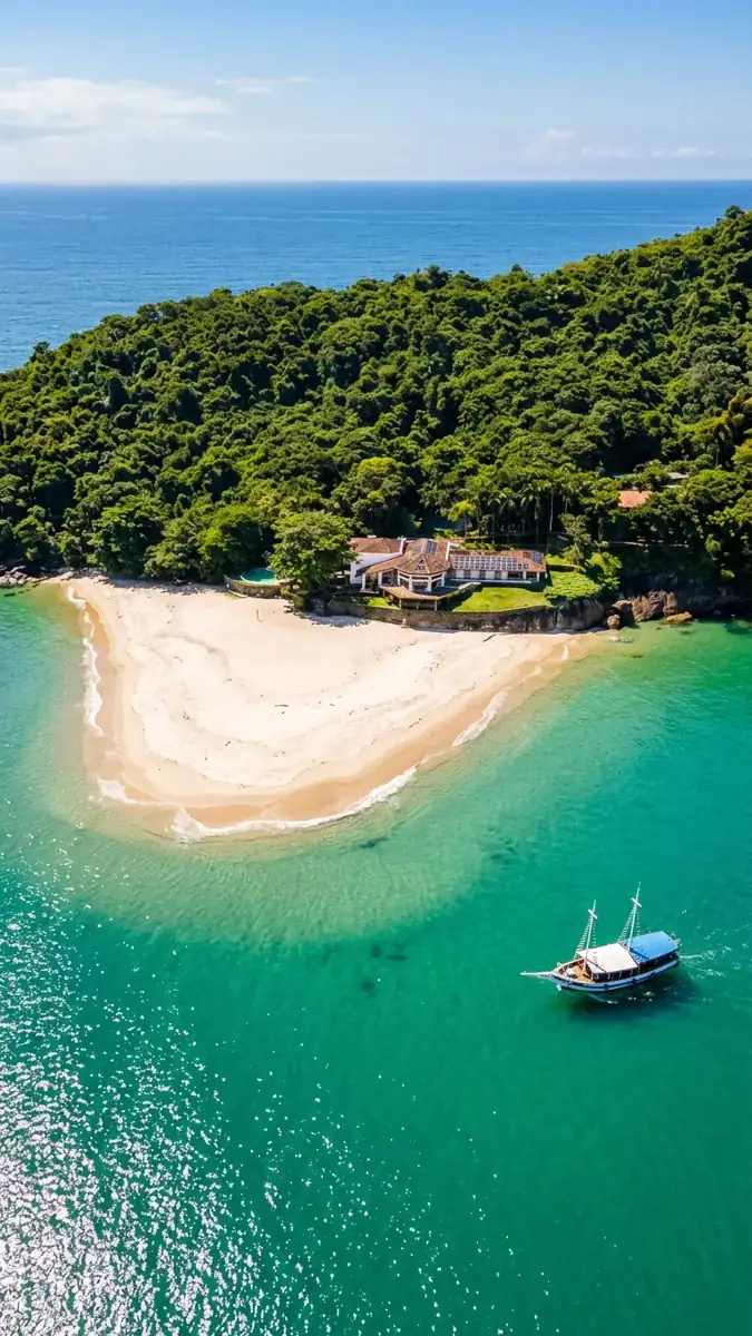 Vista aérea de ilhota rochosa no mar de Ubatuba