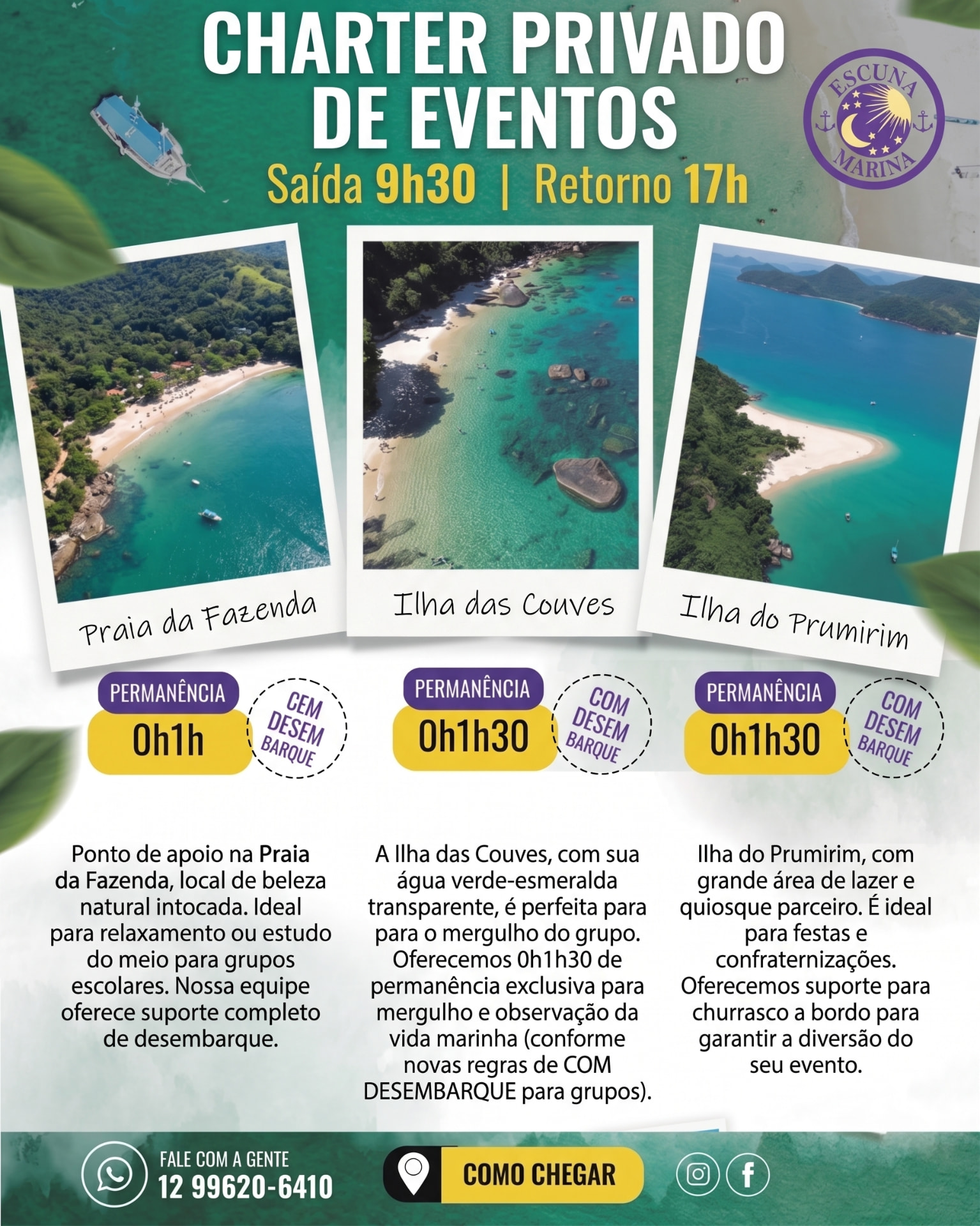 Divulgação do passeio privativo da Escuna Marina com fotos das praias e ilhas do roteiro